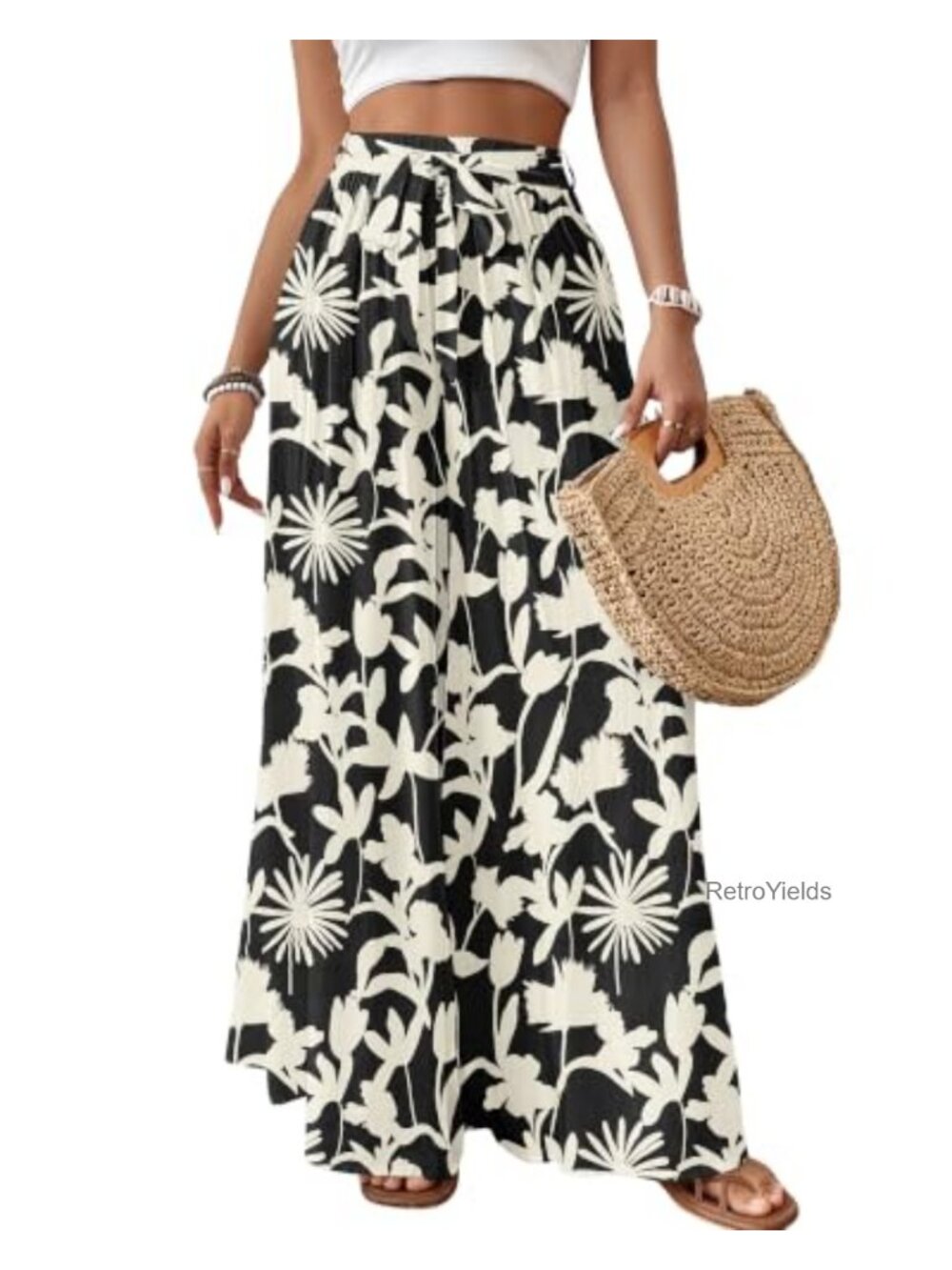 Women's Wide Leg Palazzo Pants Floral Flowy High Waist Adjustable Tie